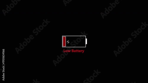 Low Battery Power Icon Animation on Black Background, Minimal Energy Alert Loop for Tech and battery low animation, UI Notifications, red blinking low battery notification icon animation.

