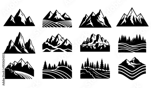 Mountain and forest landscape silhouette elements vector collection with hills and glaciers isolated on white
