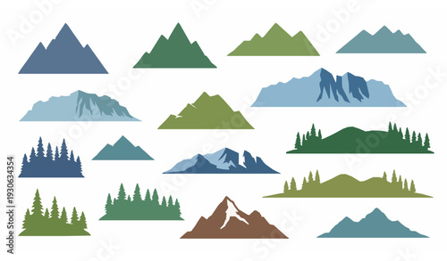 Mountain hills glacier and forest silhouettes vector nature design elements isolated on white