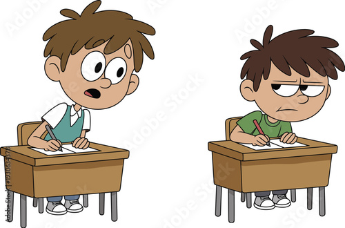 Cartoon student character vector illustration with classroom scene showing distraction and learning