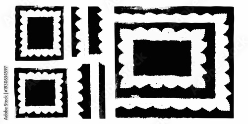 Black and white illustration of four irregularly shaped postage stamps