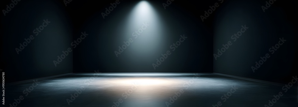 Obraz premium Illuminated Room: An empty, dark room is illuminated by a single spotlight from above, creating a dramatic atmosphere