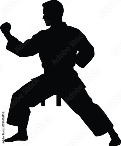 Martial arts silhouette vector illustration, disciplined sports design with wide stance, fist forward, uniform, belt, and training motifs