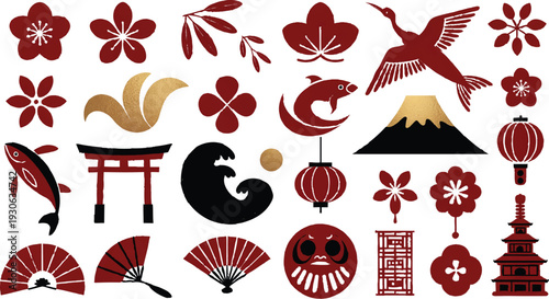 Japanese traditional icon set (Flower, Nature, Food, pattern, etc
