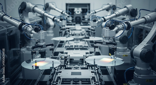 Automated robotic precision mechanical arm handling delicate circular silicon wafers within a sterile cleanroom semiconductor fabrication facility for advanced microchip manufacturing production.
