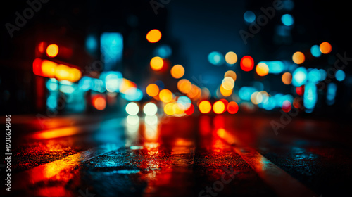 雨に濡れた夜の街路と滲むボケライトの反射