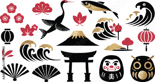 Japanese traditional icon set (Flower, Nature, Food, pattern, etc
