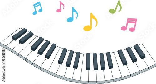 Piano keyboard vector illustration with colorful musical notes showing creativity and rhythm