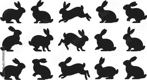 Rabbit silhouette vector illustration with diverse animal poses showing sitting standing and leaping positions