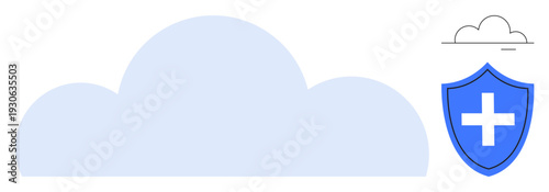 Data protection, cloud storage, cybersecurity, online backup, digital safety, IT services. A large cloud with a safety shield displaying a plus symbol. Cloud storage and data protection concepts