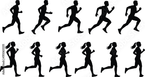 Running silhouette vector illustration with male and female athletes in dynamic stride poses—ideal for sports artwork lifestyle branding fitness design and health themed creative projects