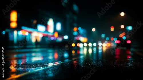 雨に濡れた夜の街路と滲むボケライトの反射