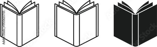 A versatile set of three minimalist open book icons, presented in outline and solid black styles, symbolizing education, learning, and knowledge.