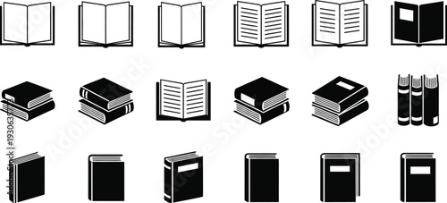 Comprehensive collection of black and white book icons in various open, closed, and stacked states, perfect for educational design.