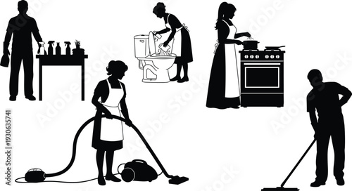 Set of black silhouettes showing people doing various household chores including cleaning cooking vacuuming and mopping isolated on white background
