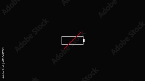 Low Battery Power Icon Animation on Black Background, Minimal Energy Alert Loop for Tech and battery low animation, UI Notifications, red blinking low battery notification icon animation.

