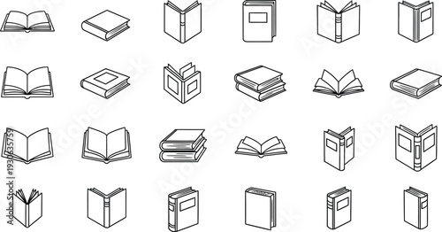 A comprehensive collection of minimalist line art book icons showcasing various open, closed, and stacked book designs, presented as simple black and white outlines.