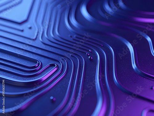 Abstract technological concept background, flowing 3D liquid metal with integrated soft geometric circuit patterns, deep electric blue and electric purple colors, cybernetic style, high details, cinem