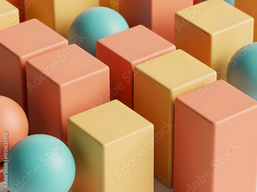 Abstract 3D background of interlocking geometric cubes and spheres in a warm color scheme (coral, mustard yellow, teal), soft studio lighting, sharp edges, contemporary style, photorealistic render, 8