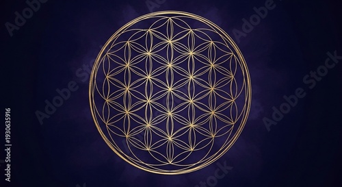 Golden Flower of Life Sacred Geometry Symbol on Dark Background.