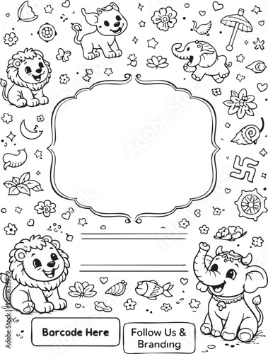 Adorable Cartoon Animals Coloring Page with Decorative Frame and Blank Space for Kids' Creativity
