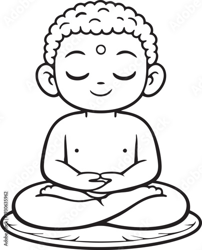 Cute Baby Buddha Meditating Line Art Illustration for Coloring Book or Spiritual Design - vector icon