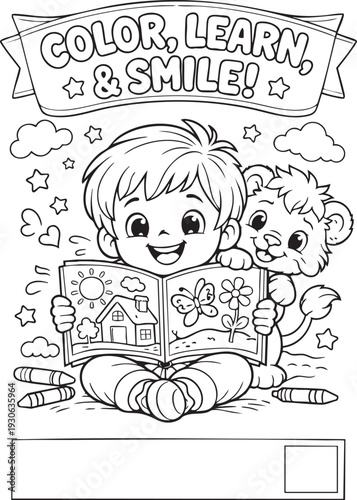 Color, Learn & Smile! Cute Boy and Lion Coloring Page for Kids, Educational Activity Book Outline Art for Preschool and Kindergarten Fun - Vector icons