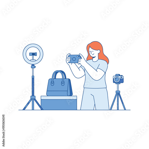 Woman photographing handbag with professional lighting setup.