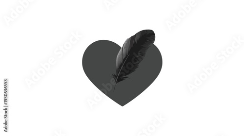 A grayscale feather pierces a heart, offering a visual balance against a stark white backdrop