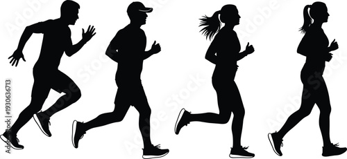 Running people silhouettes collection, men and women jogging fitness exercise poses set, healthy lifestyle sport vector illustration isolated