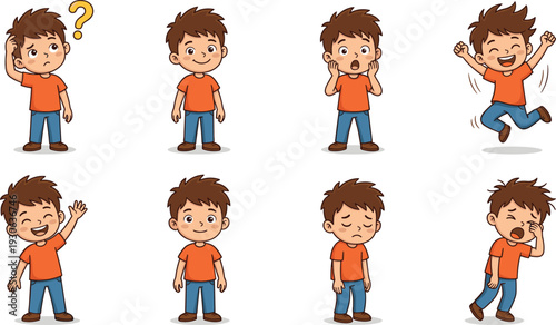 Cartoon boy emotions vector illustration set, expressive children’s educational design with confusion, surprise, excitement, sadness, greeting, and tired motifs