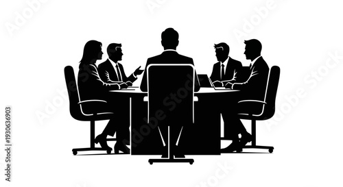 Collaborative Silhouette: A silhouette of a business meeting taking place around a table, symbolizing teamwork, discussion and collaboration, with the focus on the central figure.