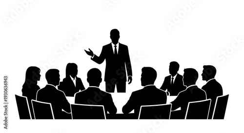 Strategic Insights: A silhouette of a confident speaker commanding attention, presenting ideas to a circle of attentive listeners around a table.