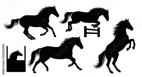 Dynamic Horse Silhouettes: A collection of dynamic silhouettes capturing the elegance and energy of horses in various poses, from galloping across a field to gracefully clearing a hurdle.