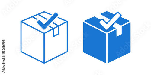 Minimal shipping box with check mark icon symbolizing delivered order and confirmation. Perfect for ecommerce dashboards, tracking systems, logistics apps, and business interfaces.