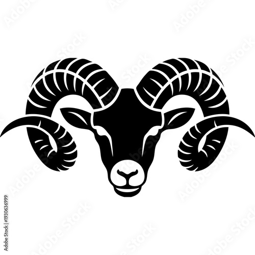 A majestic black and white illustration of a ram's head with large, curved horns