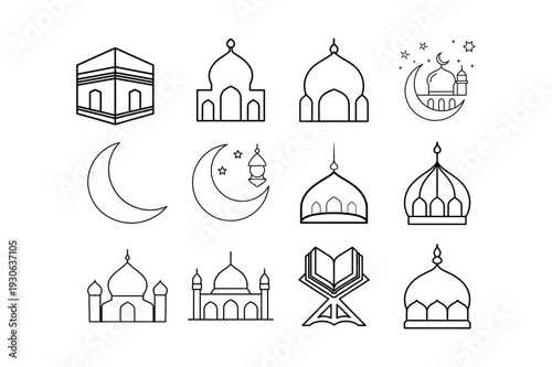 Mecca Kaaba and Mosque Dome Vector Icon Collection.