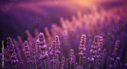 Lavender flowers in a field at sunset with soft purple hues.