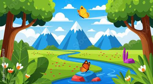 Beautiful mountain landscape vector illustration with butterflies, trees, and a river