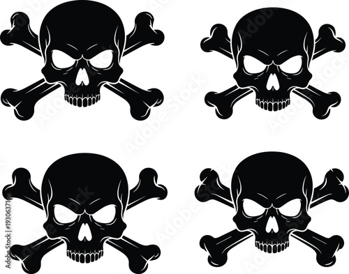 Skull and crossbones silhouette vector illustration, danger symbol, poison icon, piracy theme, warning design, risk, adventure, black, bold, graphic