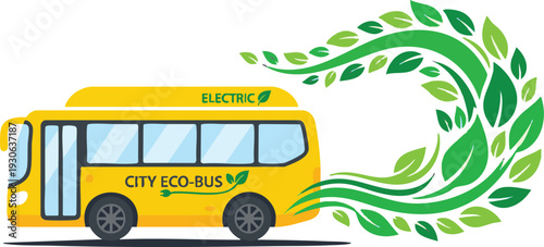 Flat vector illustration of a yellow electric City Eco-Bus with a sweeping trail of green leaves symbolizing sustainable public transportation.