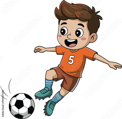 Cartoon boy soccer vector illustration with cheerful kid kicking ball in sports uniform showing energy