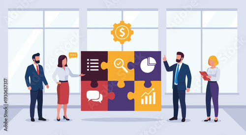Strategic business planning vector illustration of a team assembling a puzzle representing growth and analytics