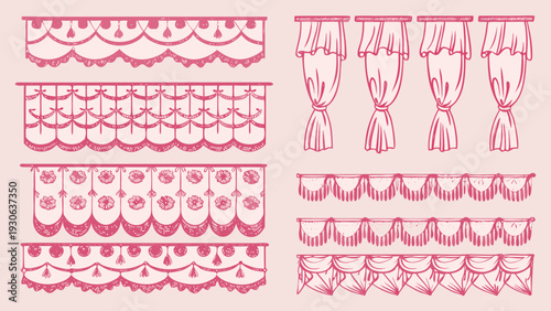 Collection of decorative curtain and valance line art illustrations