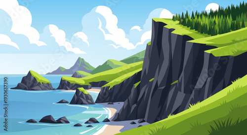 Beautiful Coastal Landscape Vector Illustration Featuring Rolling Green Hills, Rugged Cliffs, and a Serene Ocean Beach