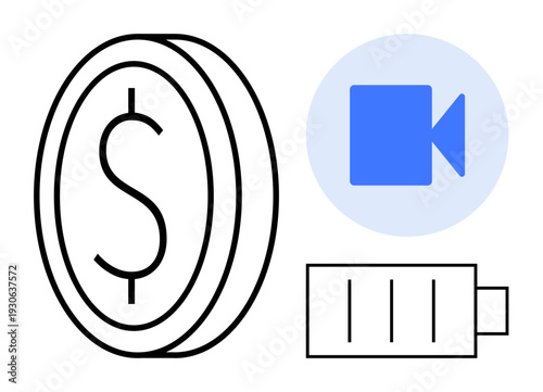 Digital marketing, monetization, media production, sustainability, content creation, online economy. Coin with a dollar sign, video camera icon battery symbol. Monetization and media production