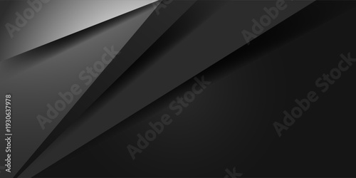 Elegant black abstract geometric layers with silver gradient modern dark background for premium banner poster web header