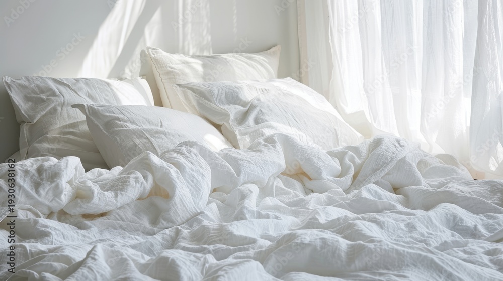 Obraz premium A neatly made bed with white linens and pillows. Soft sunlight filters through sheer curtains, creating a calm and serene atmosphere.