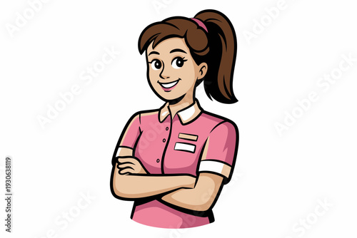 A smiling female service worker with brown hair in a pink uniform and name tag stands confidently with her arms crossed.
