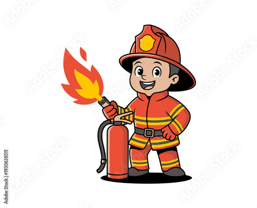 A cartoon fireman holding a fire extinguisher with flames coming out of it